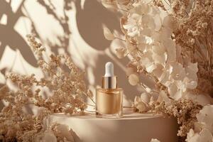 Golden Serum Bottle Amongst Dried Flowers and Shadows photo