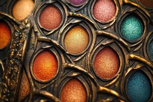 Ornate eyeshadow palette displays various shimmering colors photo