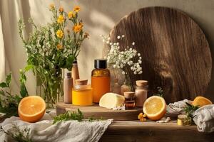 Natural skincare products arranged aesthetically with flowers and oranges photo