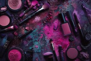 Colorful Makeup Brushes and Powder Cosmetics Arranged Artistically photo