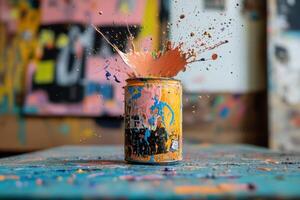 Paint Explodes From A Colorful Can On A Table photo