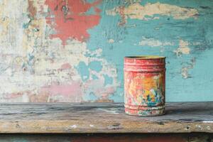 Paint stained can on rustic wooden surface against weathered wall photo
