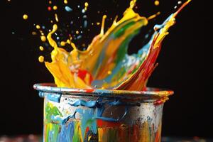 Vibrant paint splash explodes into a metal container photo