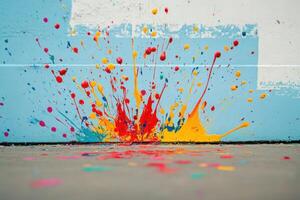 Colorful Paint Explosion On A Wall And Ground photo