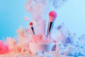 Makeup brushes in pink powder surrounded by colorful smoke photo