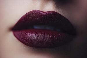 Close up of a mouth wearing dark red lipstick photo