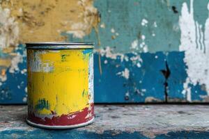 Paint Can Rests Against a Colorful Weathered Wall photo