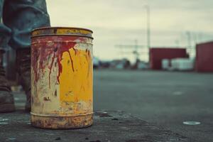 Paint Stained Metal Container Near A Worker photo