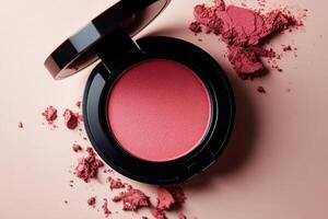 Pink blush compact with spilled powder on a pale background photo