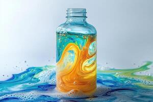 Colorful Liquid in a Transparent Bottle on Swirling Paint photo