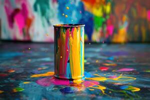 Colorful Paint Can Splashes Vibrant Hues photo