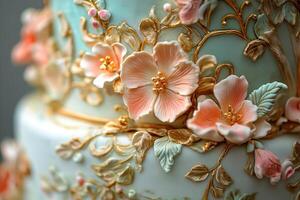 Elegant Wedding Cake Decorated With Delicate Flowers And Gold Leaf photo