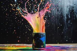 Colorful paint exploding from a can onto a surface photo