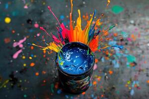 Colorful paint explosion over a blue paint can photo