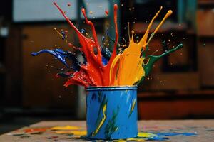 Colorful Paint Exploding From a Blue Container photo