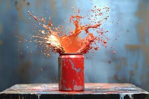 Orange Paint Exploding From A Metal Can photo