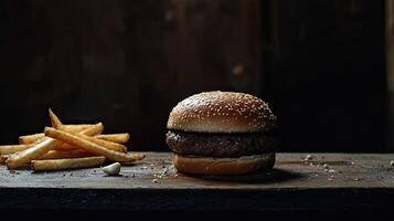 Close-up of a hamburger with fries and garlic on a wooden board against a dark background photo