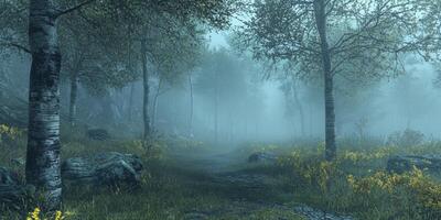 Misty Forest Path Serene Nature Trail Foggy Woods Spring Flowers photo