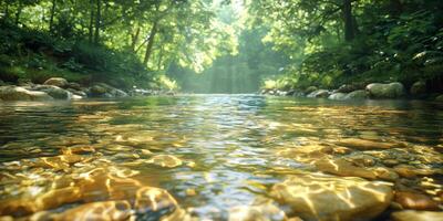 Serene River Flowing Through Lush Green Forest Sunlight Shimmering on Water Smooth Stones Visible photo