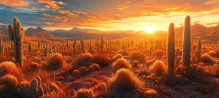 Majestic Sunset over Desert Cactus Landscape Golden Hour photo