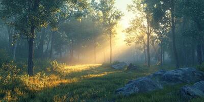 Magical Sunrise Forest Misty Woods Sunbeams Tranquil Nature Scene photo
