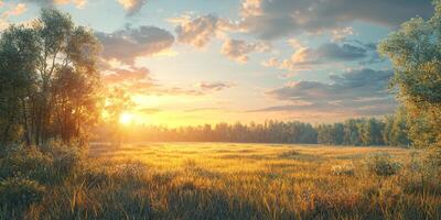 Serene Sunset Meadow Golden Hour Landscape Photography photo