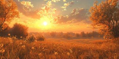 Serene Autumn Sunset Meadow Golden Hour Landscape Photography photo