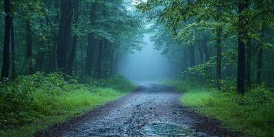 Misty Forest Path in Rain Nature Twilight Trees Road photo