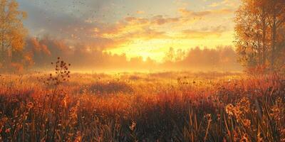 Serene Autumn Meadow Sunrise Golden Hour Landscape Photography photo