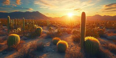 Golden Hour Desert Cactus Landscape Sunset Panorama photo