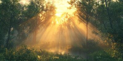 Magical Sunrise Forest Misty Woodland Golden Rays Trees Nature photo
