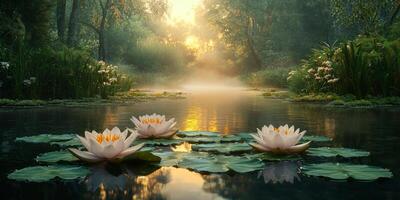 Serene Water Lily Pond at Sunrise Peaceful Nature Scene photo