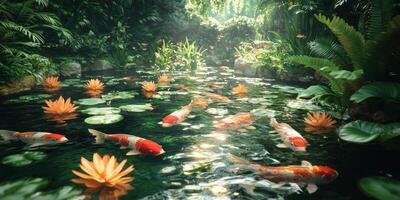 Serene Koi Pond Tropical Garden Paradise with Water Lilies and Colorful Fish photo