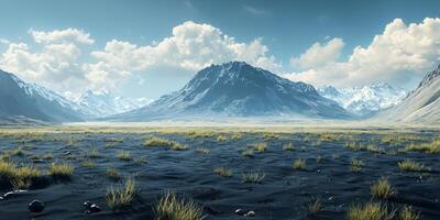 Serene Volcanic Valley Landscape Dramatic Mountain Range Black Sand Plain Sparse Vegetation Cloudy photo