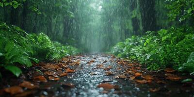 Rainy Forest Path Lush Greenery Wet Leaves Tranquil Nature Scene photo