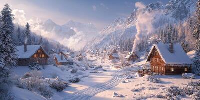Serene Winter Village Snow Covered Cabins Mountain Scenery Peaceful Atmosphere photo