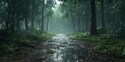 Moody Rainy Forest Path Lush Green Trees Stream 8K Nature photo