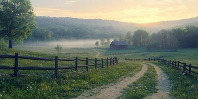 Serene Sunrise Farm Landscape Rustic Fence Rolling Hills Misty Dawn photo