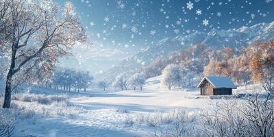 Idyllic Winter Wonderland Snowfall Cabin Mountains Trees photo