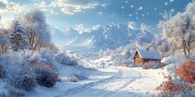 Idyllic Winter Wonderland Snow Covered Cabin Mountains and Frosty Trees photo