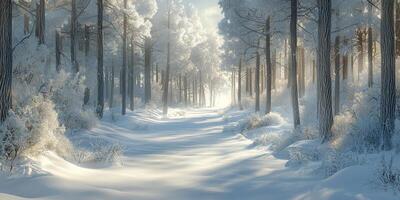 Serene Winter Forest Path Snow Covered Trees Sunlit Trail 8k High Resolution Image photo