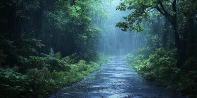 Magical Rainy Forest Path Twilight Rain Nature Lush Greenery High Resolution photo