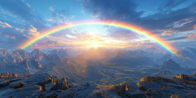 Majestic Rainbow Arching Over Dramatic Mountain Landscape at Sunset photo