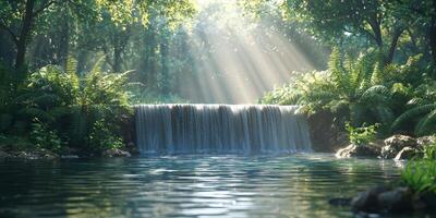 Serene Waterfall in Lush Forest Sunbeams Tranquil Nature Scene photo