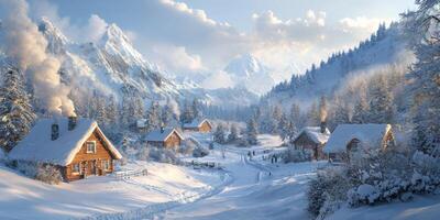 Serene Winter Village Snow Covered Cabins Mountains Forest photo