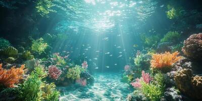 Vibrant Tropical Coral Reef Underwater Ocean Scene Colorful Fish Sunbeams photo