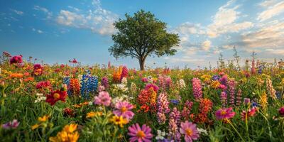 Vibrant Wildflower Meadow Landscape with Single Tree photo
