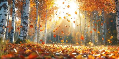 Majestic Autumn Forest Falling Leaves Birch Trees Sunlight photo