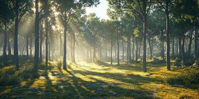 Serene Sunrise Forest Misty Pine Trees Sunlight Grass photo