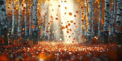 Magical Autumn Forest Falling Leaves Birch Trees Sunlight photo